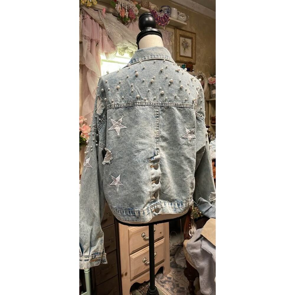 Pearl Embellished Star Embroidered Denim Jacket-size XL - Picture 4 of 6